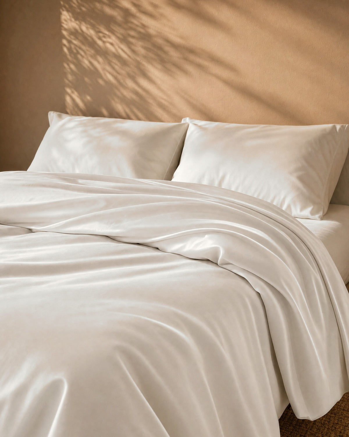 Natural white duvet cover turned back on the bed, pillows resting behind