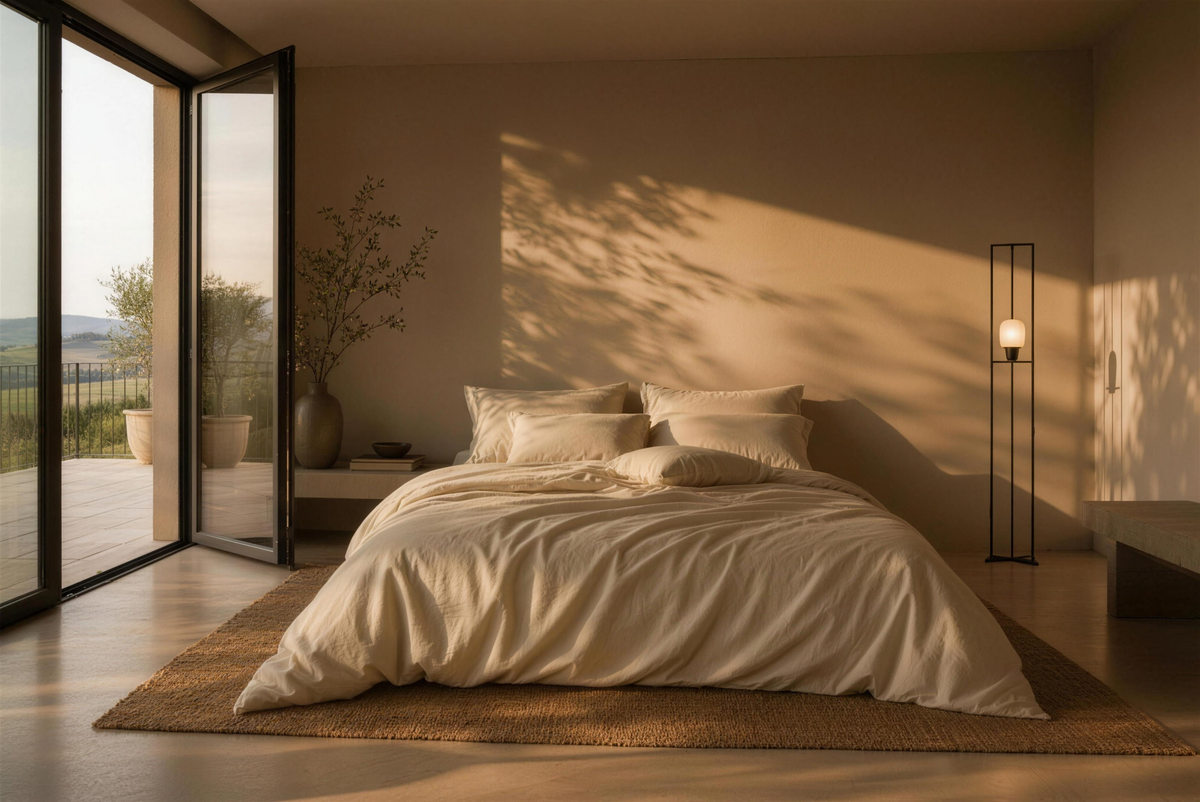 Sunlit bedroom dressed in TENSO bedding, leaf shadows on the wall